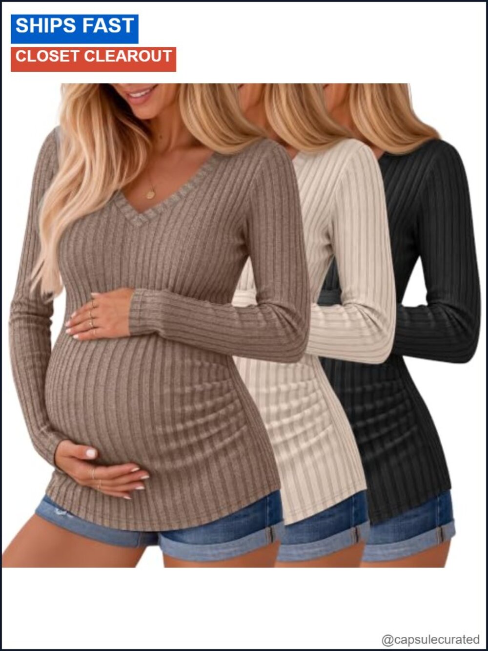 Maternity Ribbed Long Sleeve V-Neck Sweater Shirts 3 Pack Pullover Loose Fit